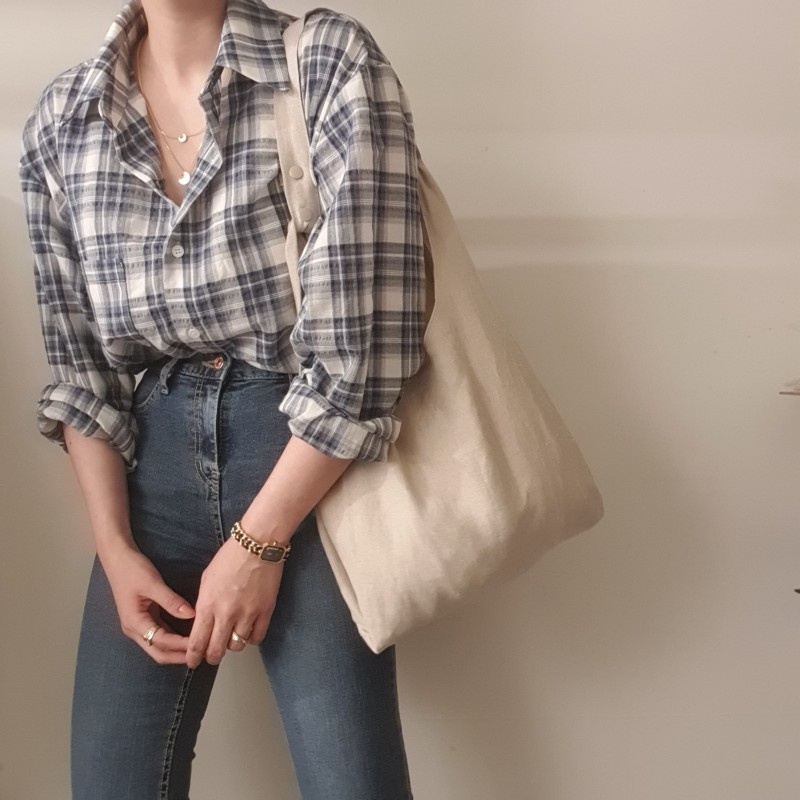 SUXI Áo sơ mi cho nữ tay dài kẻ sọc caro phong cách cổ điển Hàn Quốc