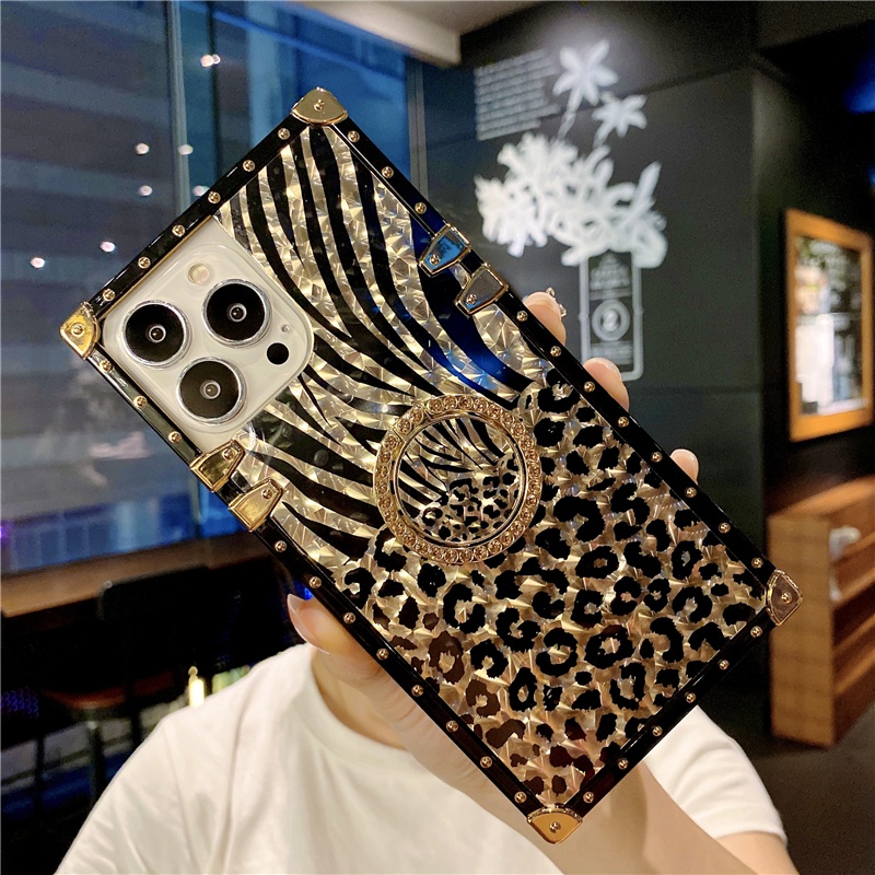 Ốp Điện Thoại Vuông Chống Sốc Có Giá Đỡ Kim Loại Họa Tiết Da Báo Sang Trọng Cho iphone 13 Pro 12 11Pro Max Xs xr 7 8plus X SE