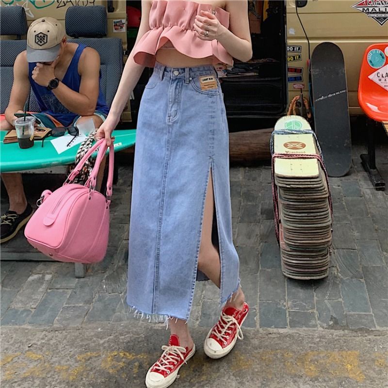Jiashucheng Chân Váy Denim Lưng Cao Dáng Ôm Xẻ Tà Thời Trang Cá Tính Cho Nữ