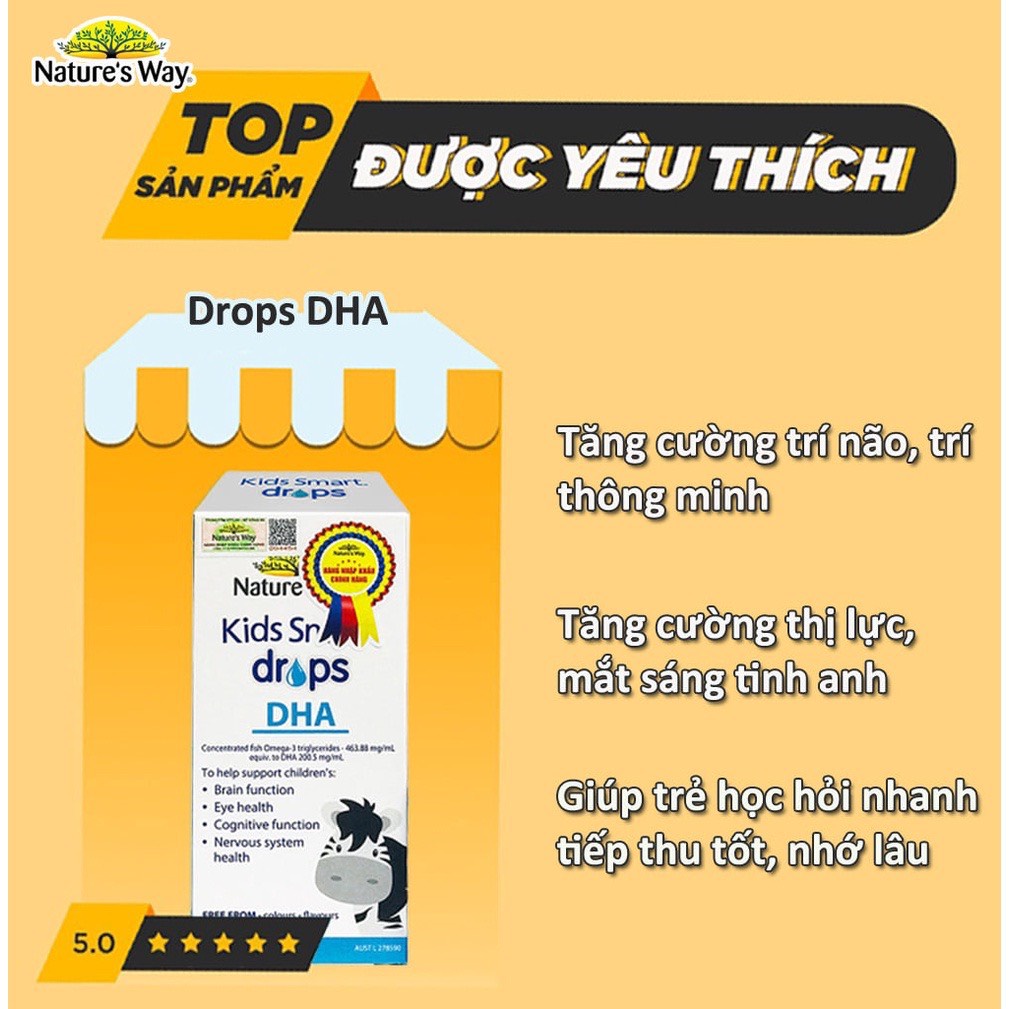 DHA dạng giọt Nature's Way Kids Smart Drops Giúp tăng IQ, phát triển não bộ cho bé 20ml- Úc