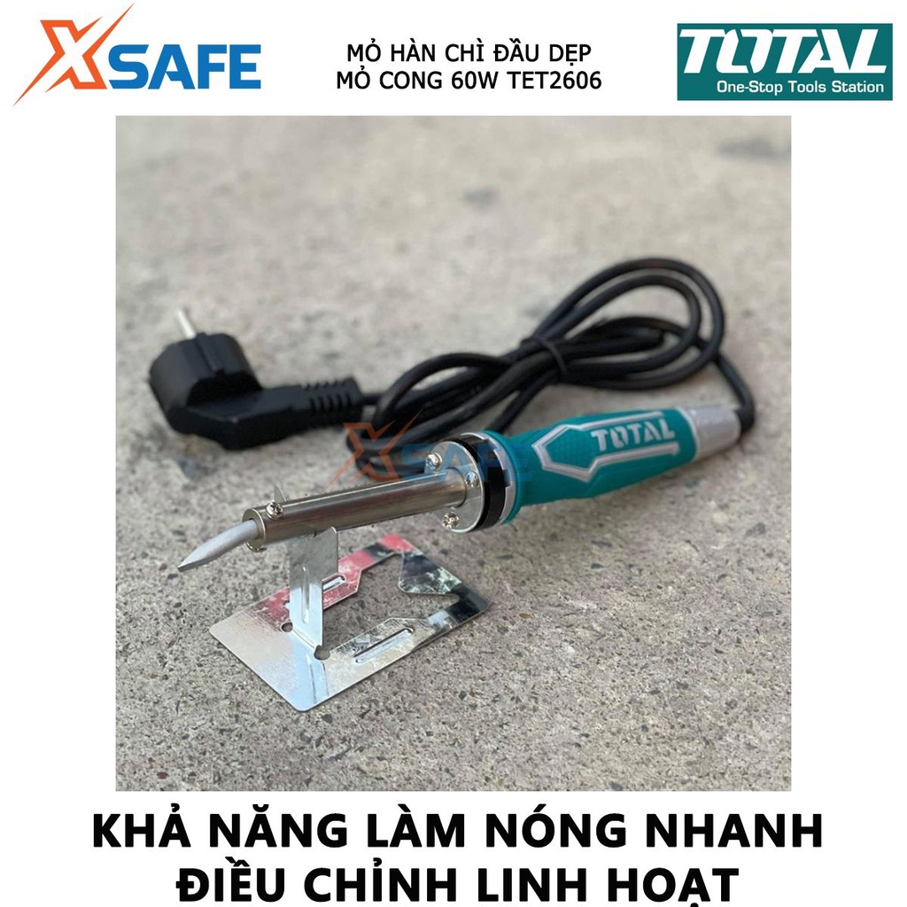 Mỏ hàn chì TOTAL TET2606 Mỏ hàn mũi cong công suất đầu vào 60W, thời gian làm nóng 3-5ph, dùng nối bảng mạch, kim loại