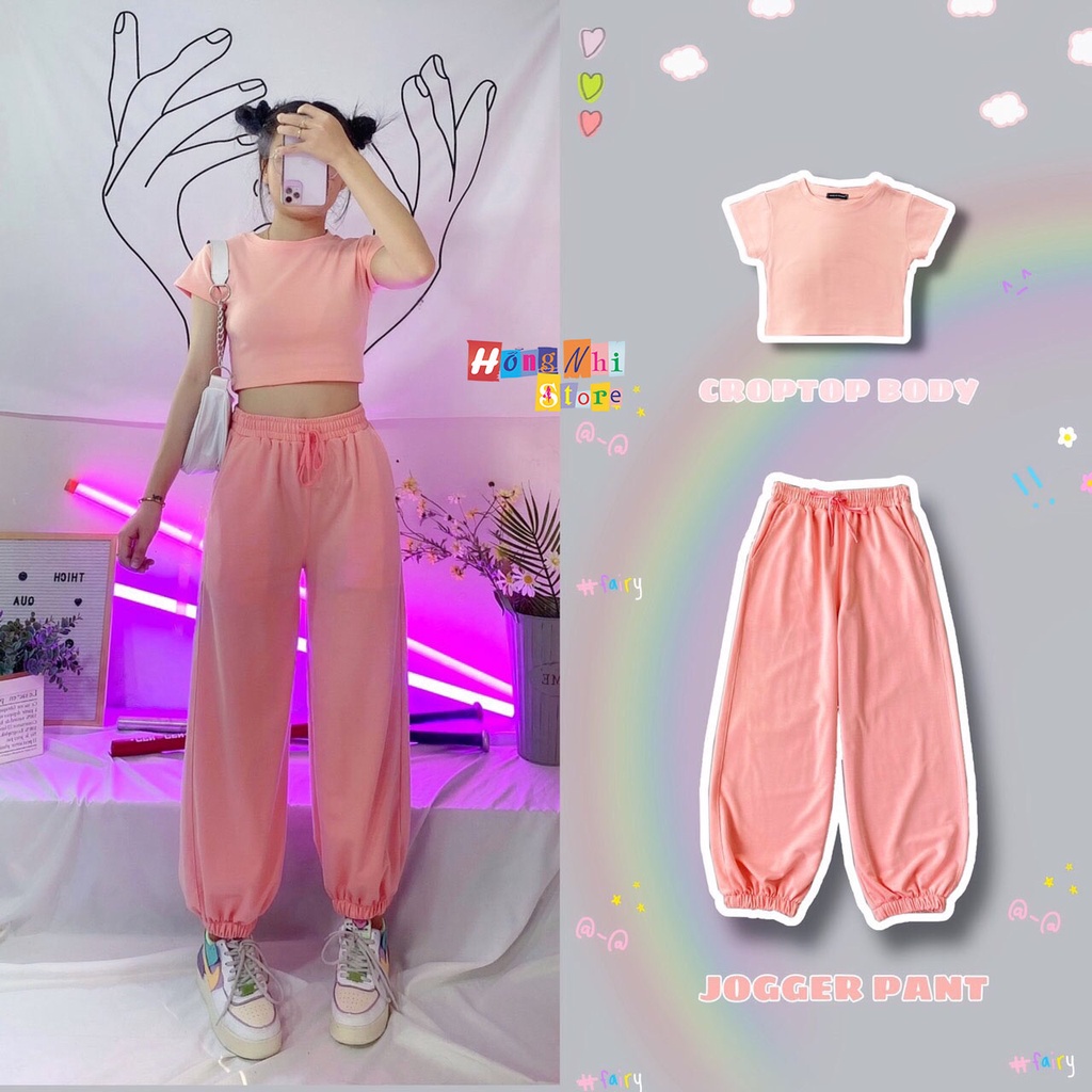 Set Bộ Áo Croptop Body Phối Quần Jogger Trơn Bo Lai Dáng Rộng Ulzzang - MM