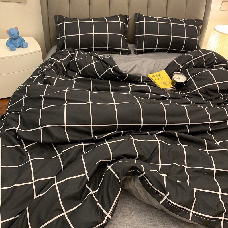 Bộ Chăn Ga Gối Cotton Poly Mẫu Caro Đen Phối Ghi Nhạt HIN BEDDING