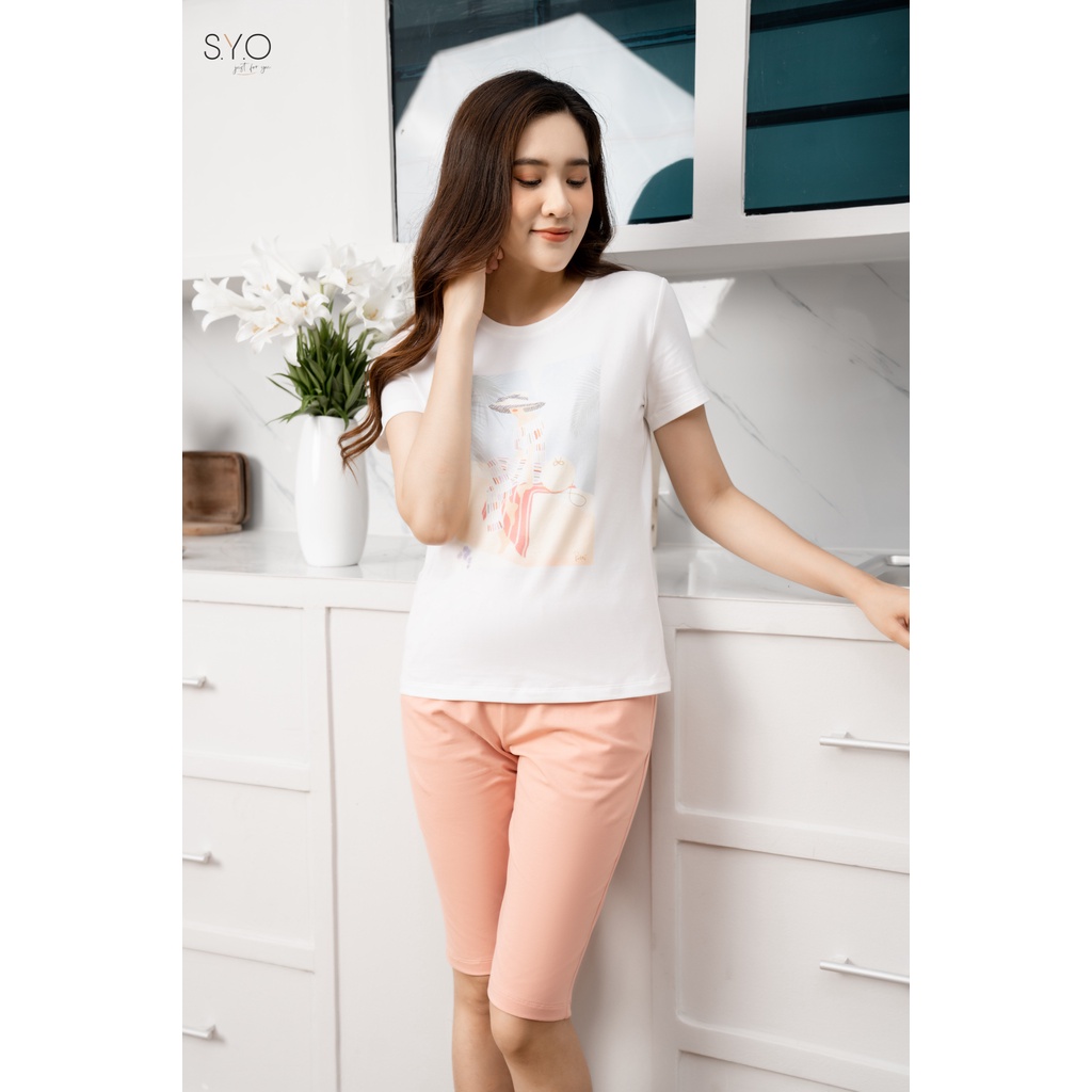 BỘ ÁO CỘC QUẦN LỬNG COTTON MÀU HỒNG CAM IN HÌNH CÔ GÁI HỒNG CAM S1006-H