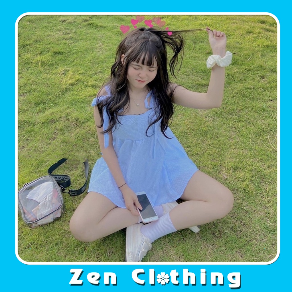 Set áo babydoll 2 dây kẻ xanh xốp kèm quần sooc đùi  trắng bộ đồ nữ babydoll Zen Clothing Zen006 | BigBuy360 - bigbuy360.vn
