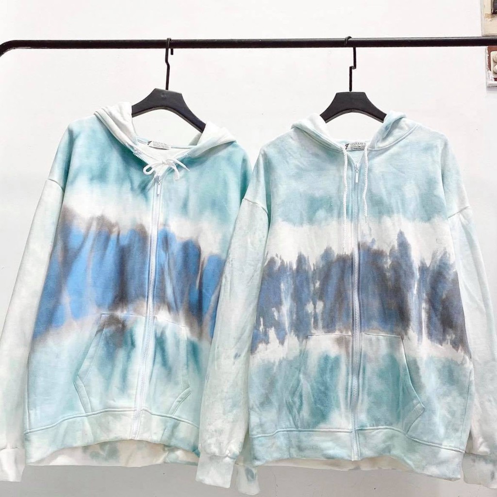 Hoodie Chuyển Màu Xanh Trắng - áo khoác dây kéo màu loang