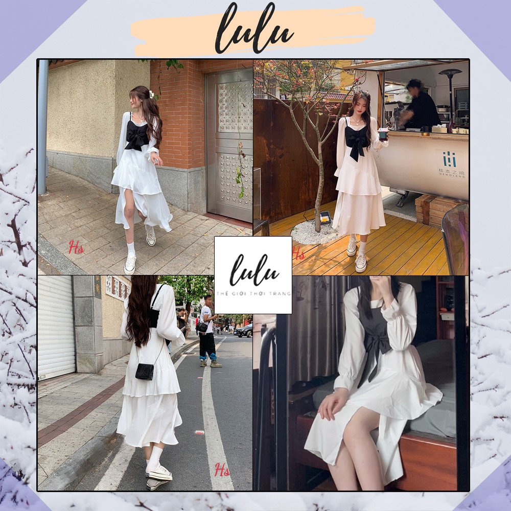 [Hàng Cao Cấp Loại 1] Set Váy Trắng Cổ Vuông Và Yếm Đen Xẻ Chân Có Tầng Chất Liệu Đũi Mát