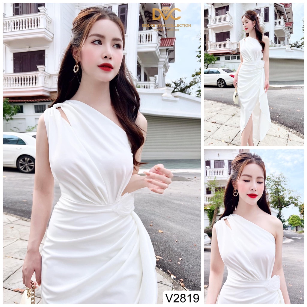 Váy trắng dáng body lệch vai nhún eo sang chảnh V2819