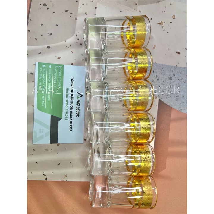 Bộ 6 ly chén uống rượu thủy tinh đế tròn dày khảm họa tiết vàng cao cấp