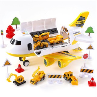 Máy Bay Chở Xe Ô Tô đồ chơi Máng trượt, có đèn, combo6 oto mini bằng thép, phụ kiện sân bay đường băng