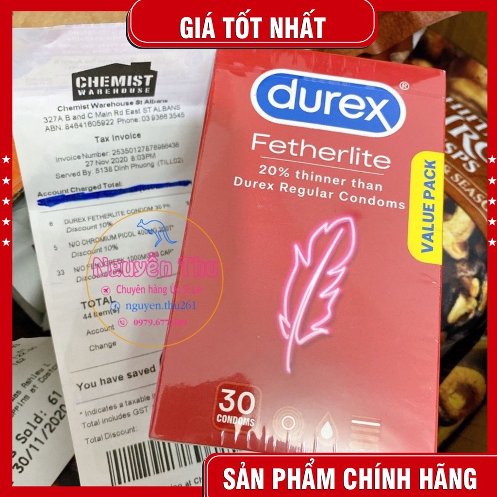 (Mẫu mới) Bao cao su Durex Úc hộp 30 chiếc siêu mỏng_hàng chemist đủ bill