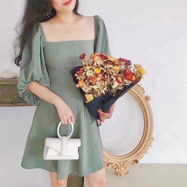 Váy babydoll cổ vuông BlaPink thiết kế tay dài cổ vuông vải dày dặn form chuẩn Đủ Màu