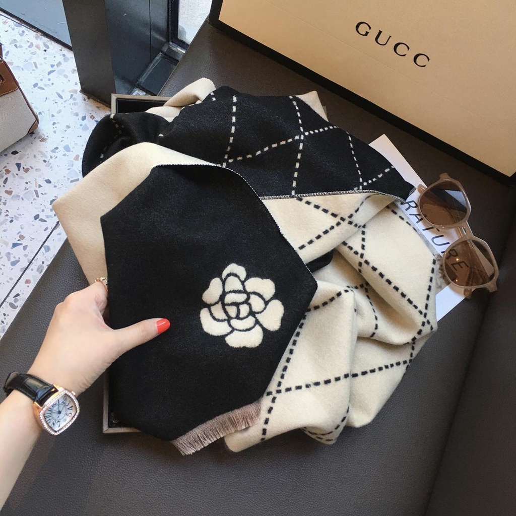 Khăn Choàng Cổ Hai Chức Năng Bằng Vải Cashmere Hoa Trà Phong Cách Hàn Quốc Độc Đáo