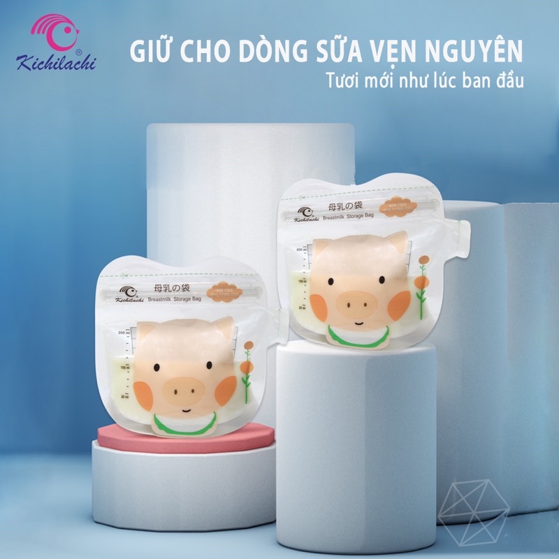  Túi trữ sữa Kichilachi 200ml có vòi rót tiện lợi hình chú heo