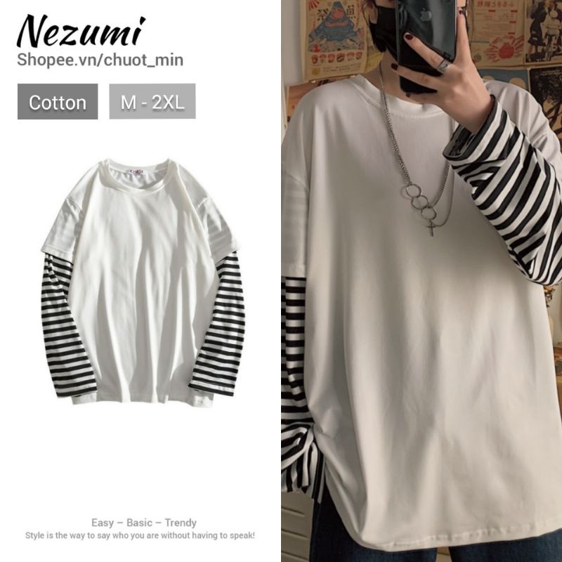(Sẵn đen, trắng M L XL 2XL) ÁO THUN DÀI TAY TRƠN NỐI TAY KỂ SỌC UNISEX NAM NỮ