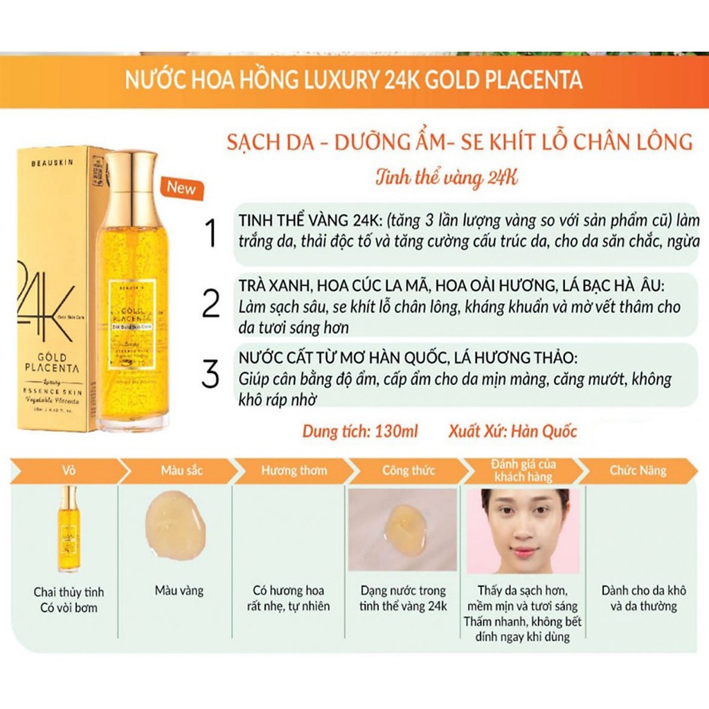 Nước hoa hồng, nước cân bằng da, trắng da, dưỡng ẩm, mờ thâm nám, ngừa lão hóa Beauskin Luxury 24K Gold Placenta 130ml