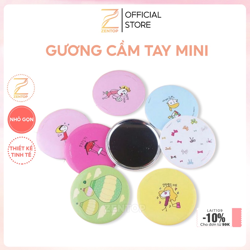 Gương trang điểm mini cầm tay bỏ túi Hàn Quốc mini siêu cute viền kim loại Zentop