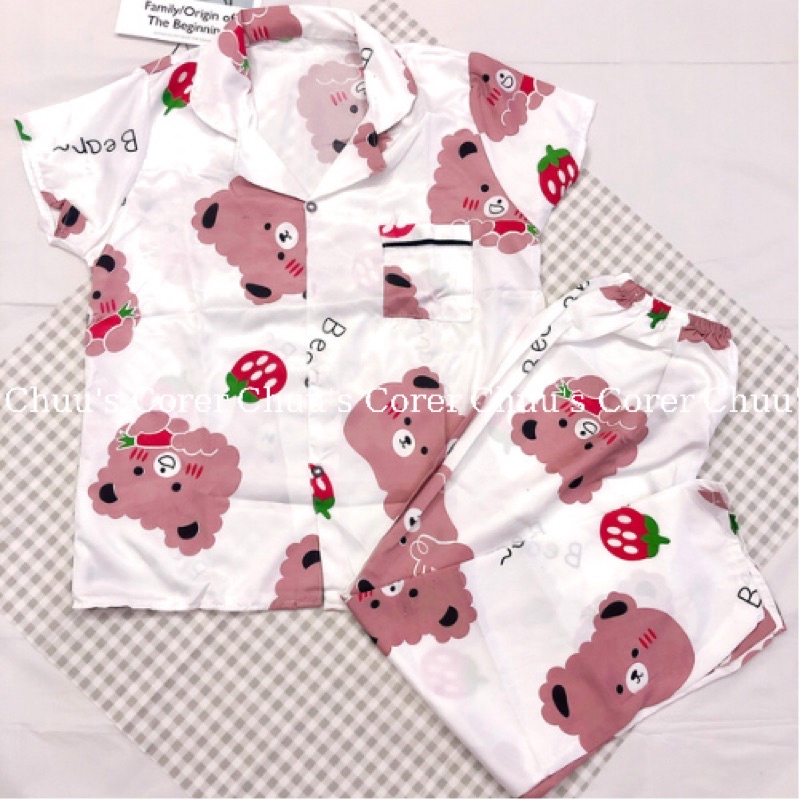 Set bộ ngủ pijama lụa kate tay ngắn quần dài hoạ tiết xinh xắn cho nữ