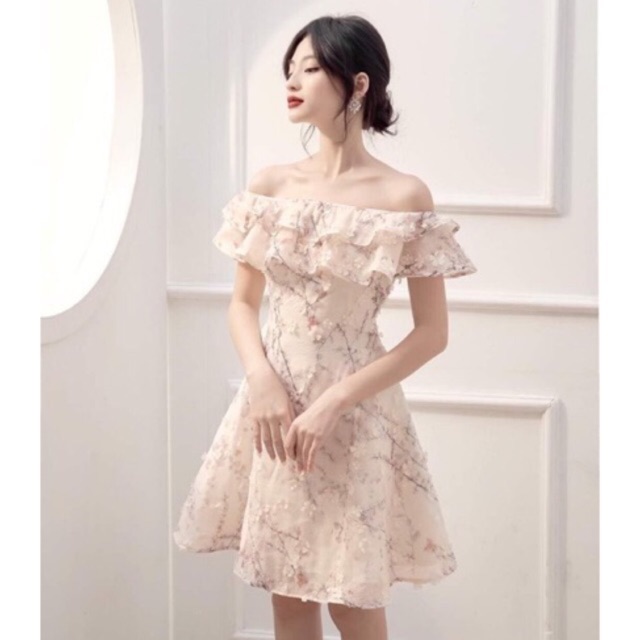 Đầm Dự Tiệc Trề Vai Thêu Hoa Cao Cấp