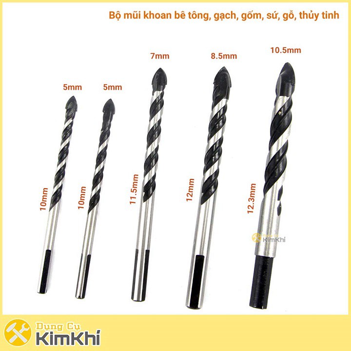 Bộ 5 mũi khoan đa năng mũi thép Tungsten 5-10.5mm khoan trên gạch,gốm,sứ,thủy tinh,bê tông,tường xi măng,đá,nhôm,gỗ