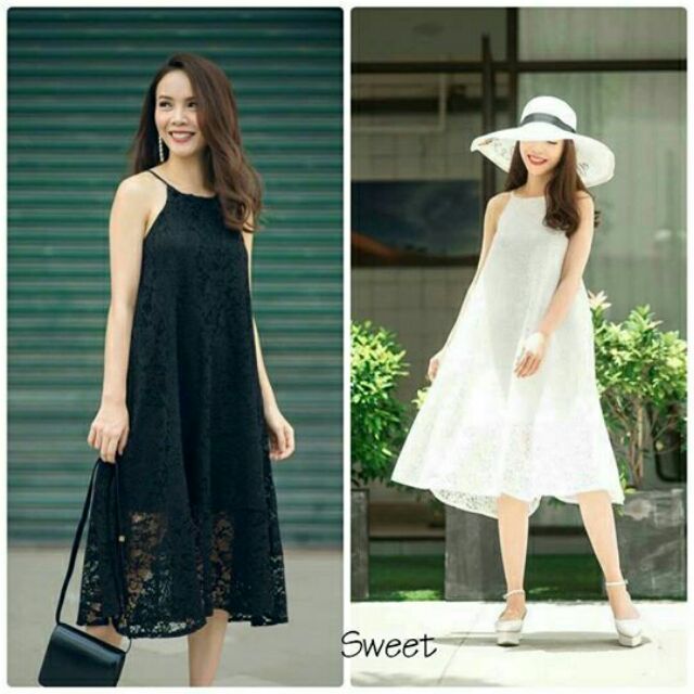 Maxi dáng dài cổ yếm vải ren