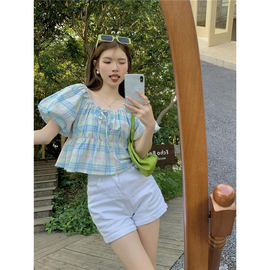 Áo Kiểu Cổ Vuông Tay Phồng Họa Tiết Sọc Caro Phong Cách Hàn Quốc Thời Trang Cho Nữ