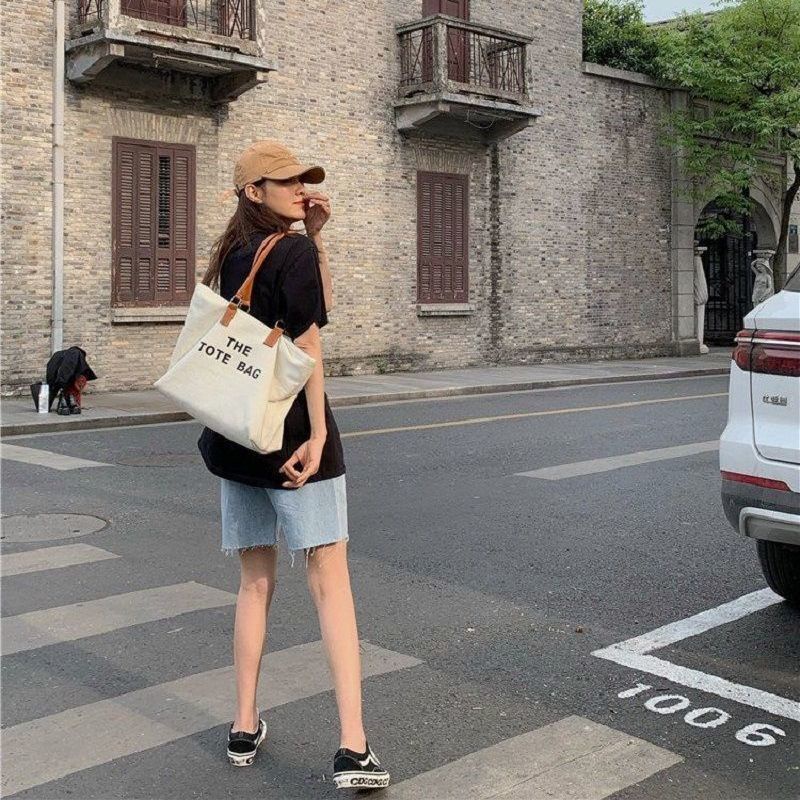 Túi Xách Canvas Cỡ Lớn In Họa Tiết Thời Trang Hàn Quốc Cho Nữ