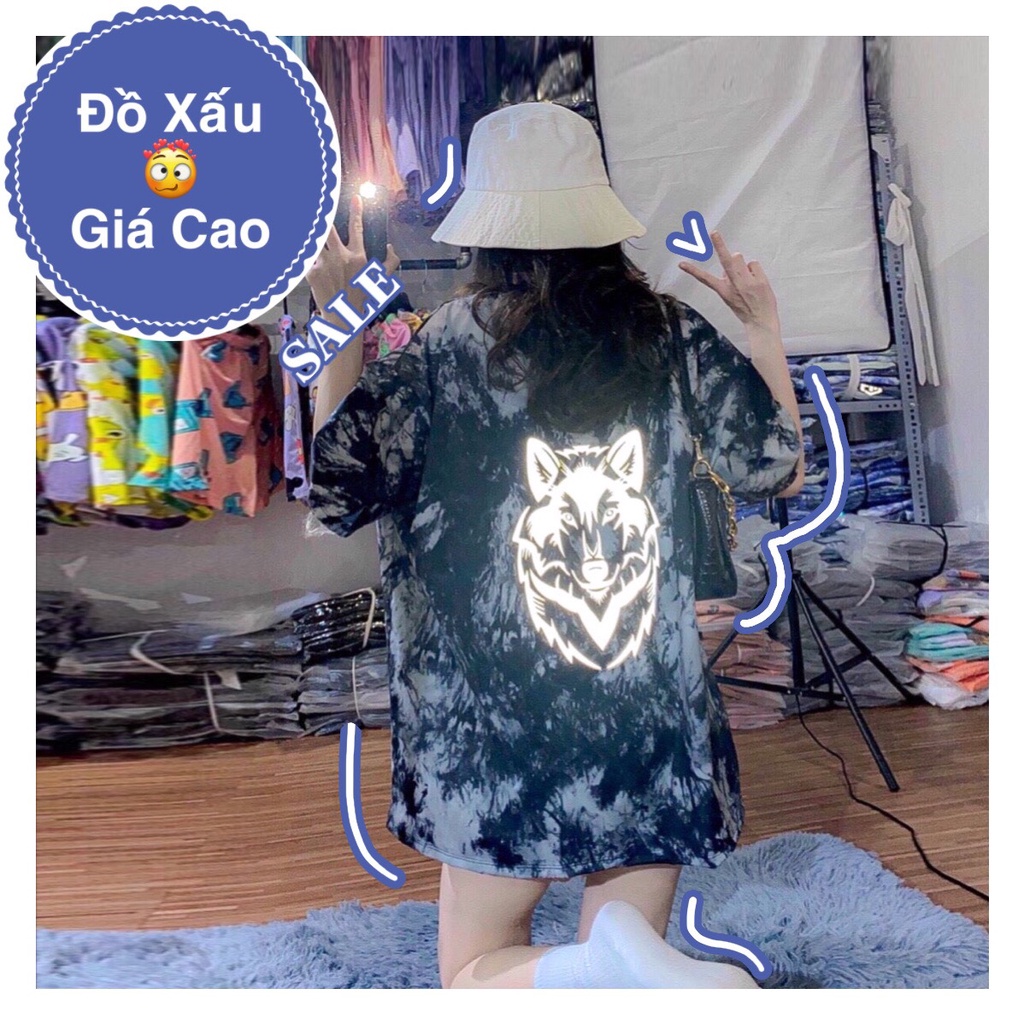 Áo thun Unisex phản quang From rộng tay lỡ ❤ Áo phông loang màu xám trắng hình sói phản quang cực ngầu