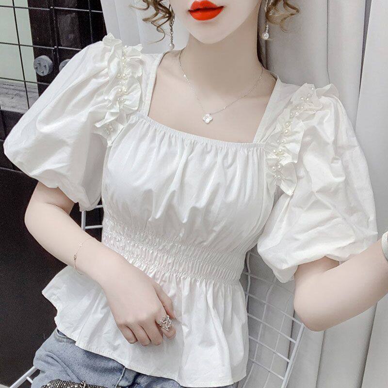 Áo Kiểu Cổ Vuông Tay Phồng Màu Trắng Thời Trang Mùa Hè Phong Cách Hàn Quốc Cho Nữ Mới