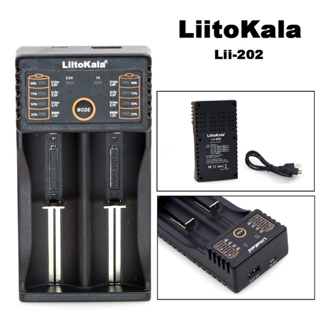 Sạc pin đa năng Liitokala lii-202 hai khe pin cho pin 18650, AA, AAA, 26650...
