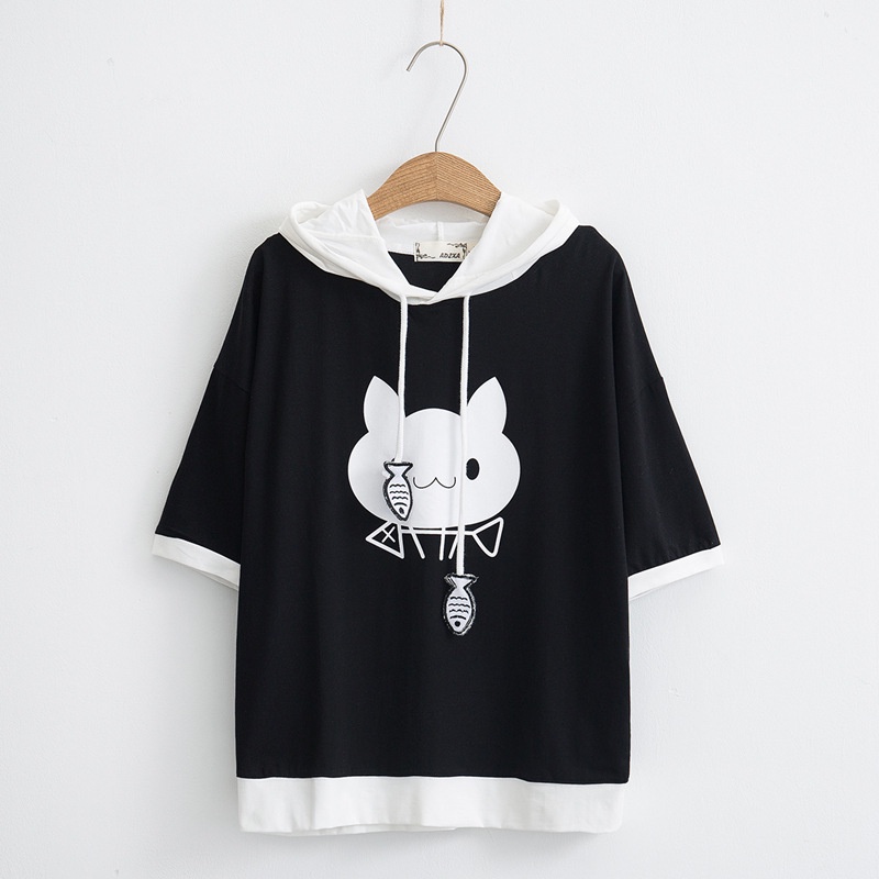 Áo Hoodie Ngắn Tay In Hình Xương Cá Màu Sắc Thời Trang