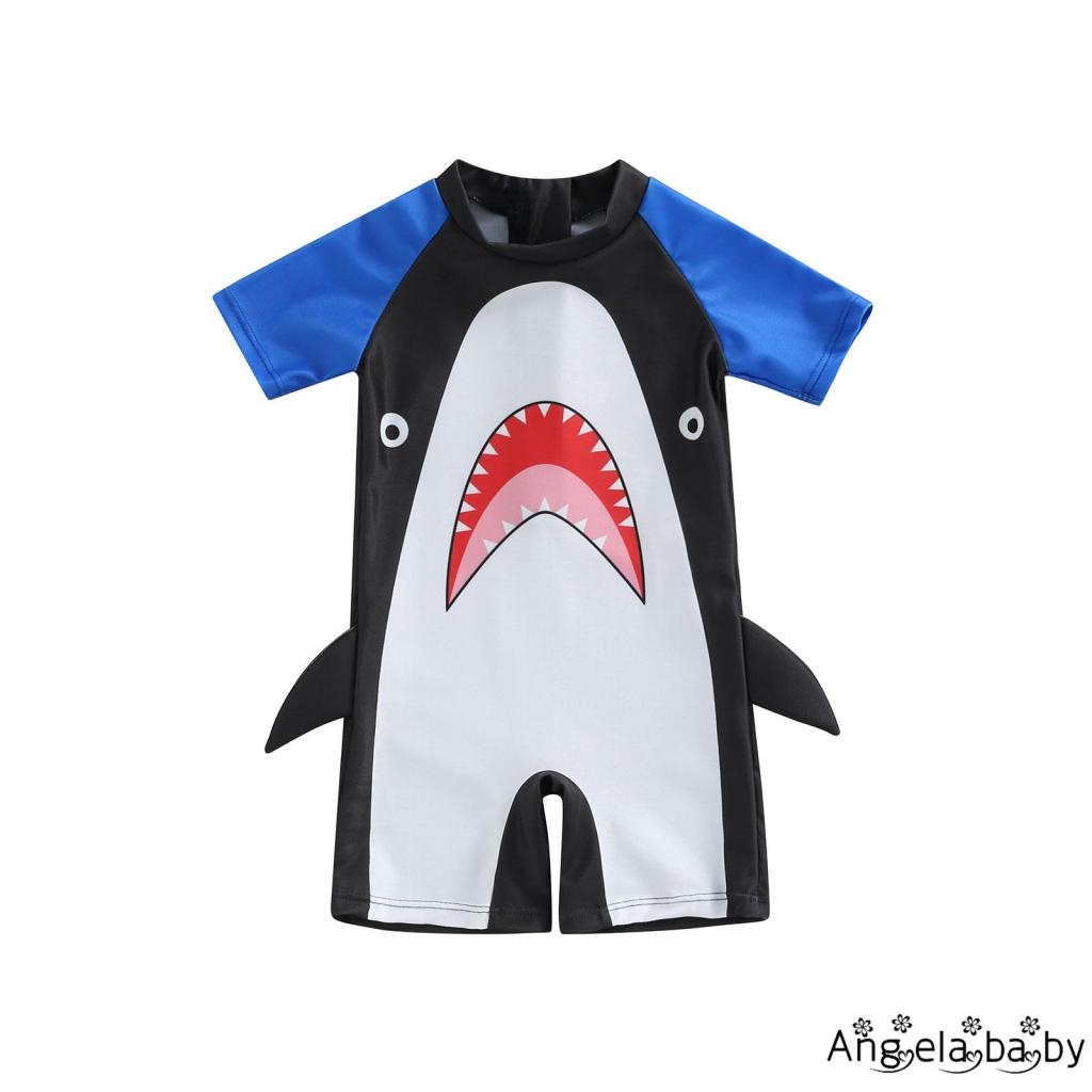 Bộ Đồ Bơi Liền Thân Ngắn Tay Phối Màu Xanh Dương In Hình Cá Mập Hoạt Hình Cho Bé Trai 9 Tháng-4 Tuổi