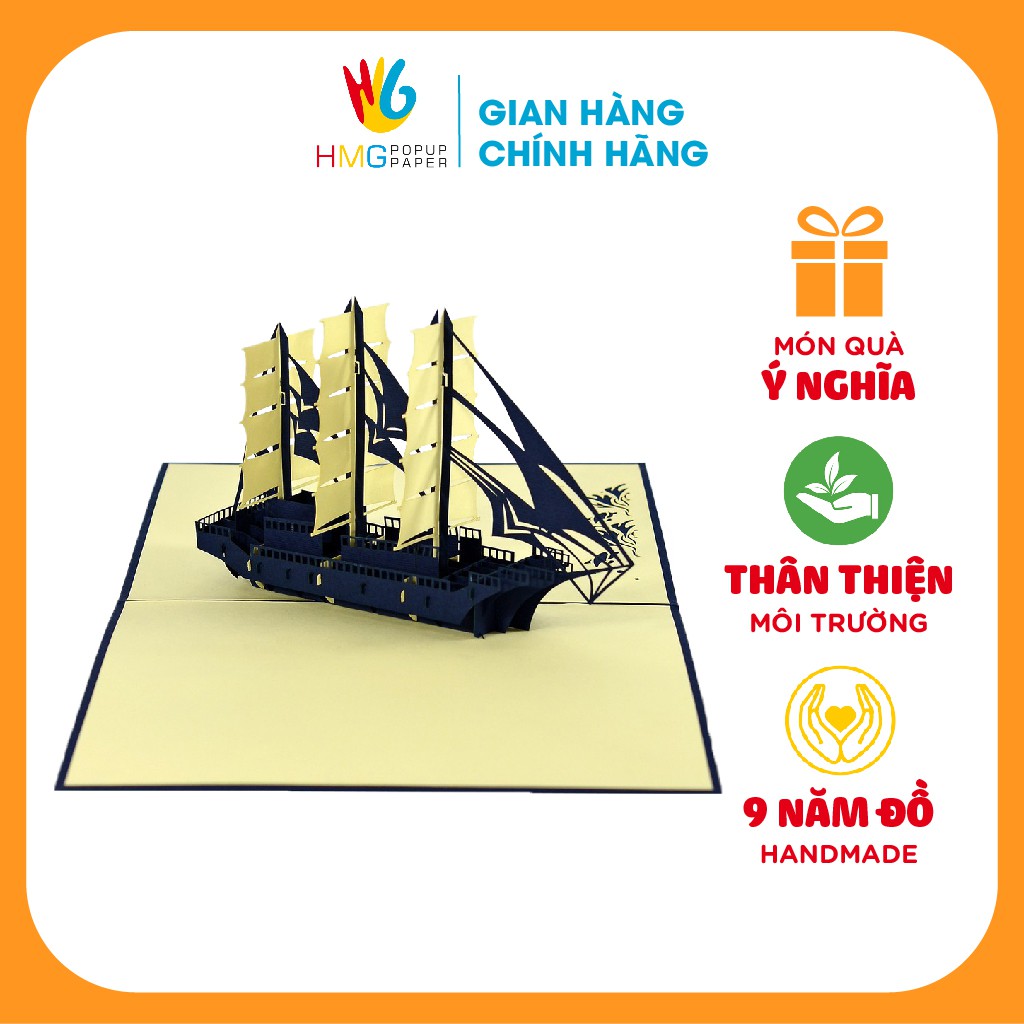 Thiệp Handmade 3D HMG Mô Hình Thuyền, Bìa Màu Đỏ Và Xanh Dương, Cắt Tinh Tế Lên Hình Đẹp OC031