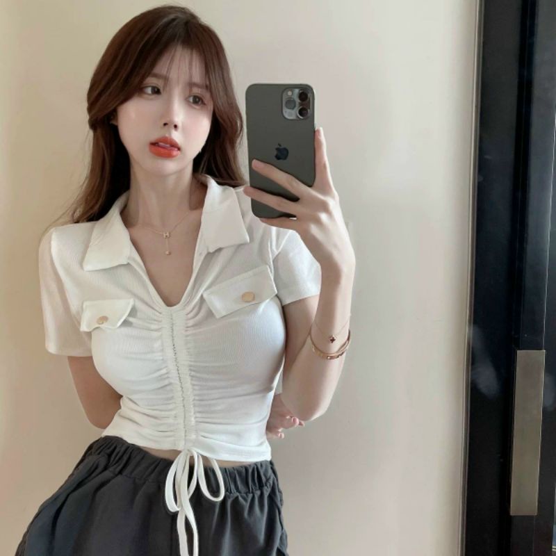 Áo thun cổ bẻ rút dây giữa phối kiểu 2 nắp A15 tay ngắn