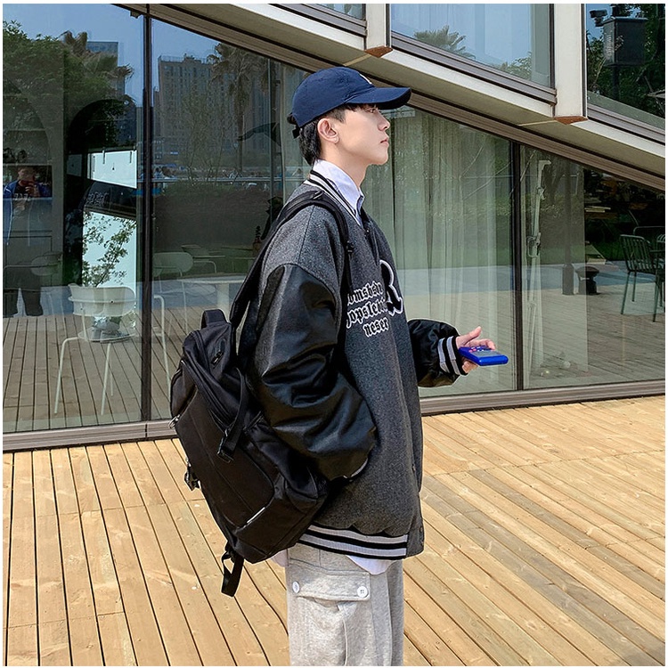 Áo khoác bóng chày phối da phong cách Nhật Bản thời trang cao cấp cho nam