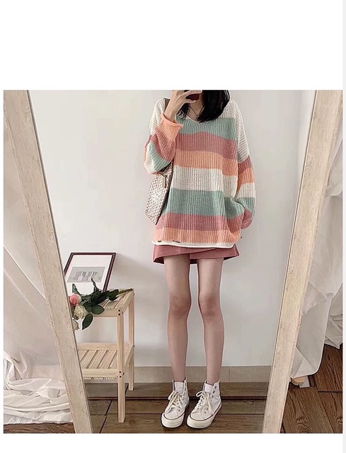 Set áo len kẻ ngang chân váy da ullzang có tách set