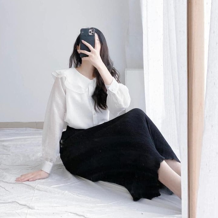 Áo sơ mi công sở nữ tơ xước 2 lớp cổ sen nút ngọc siêu đẹp