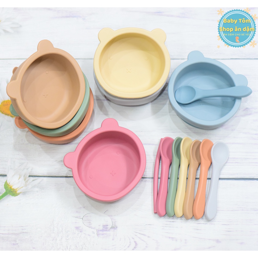 Combo cốc tập hút + bát có đế hút chống đổ + thìa chất liệu Silicon hình Gấu NCC Baby Tôm