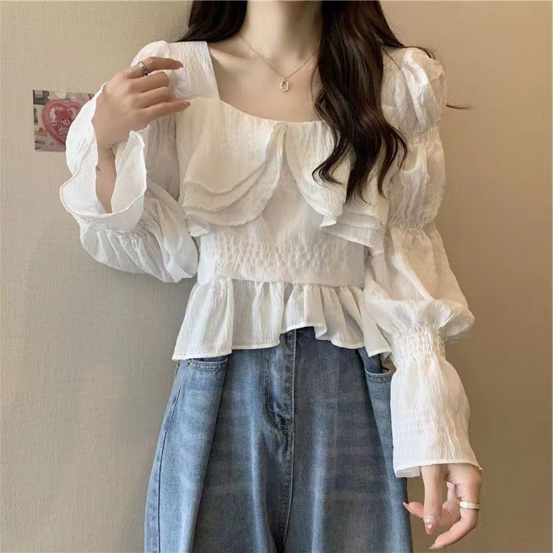 Áo kiểu IELGY tay dài cổ vuông chống nắng thời trang Pháp thịnh hành cho nữ