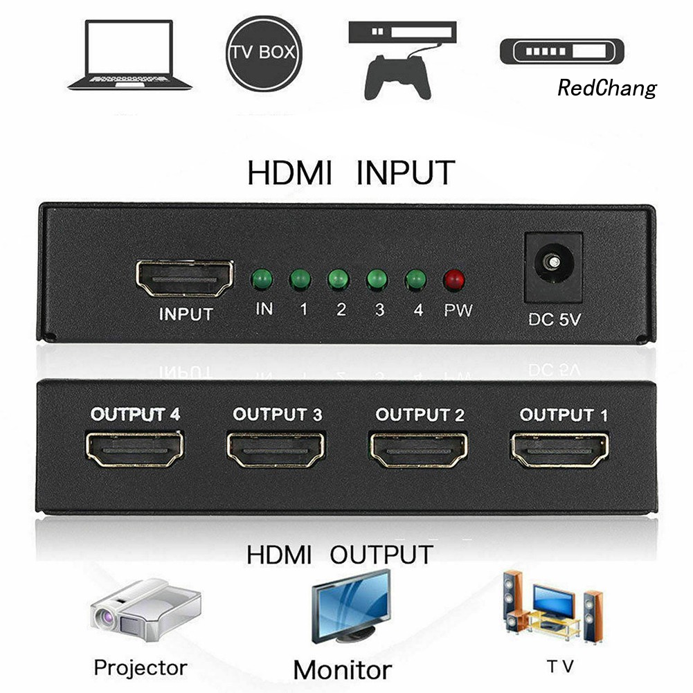 -SPQ- 1 In 4 Out HD 1080P Video HDMI Splitter Switcher with Power Adapter for HDTV