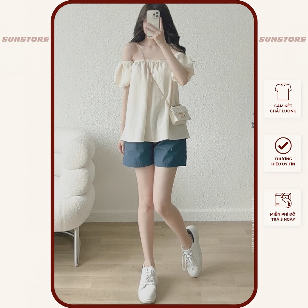 Set đồ nữ đi biển mùa hè áo trễ vai và quần short nữ lưng chun 2 màu