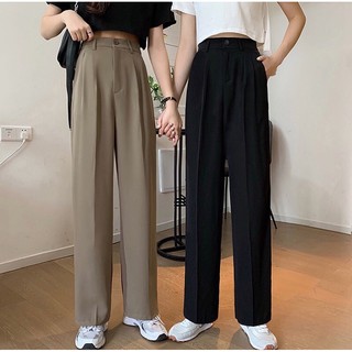 (Sẵn) Quần tây nữ ống rộng suông dáng dài màu nâu, màu đen lưng chun phía sau cạp cao chất mềm rũ