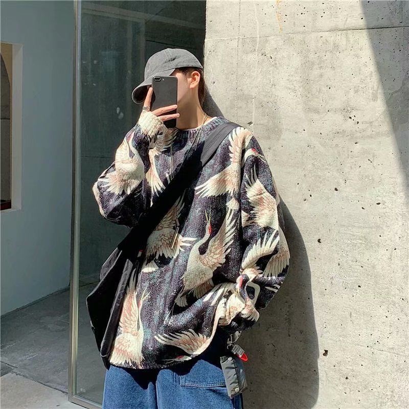Áo Sweater Dệt Kim Dáng Rộng In Hình Chim Hạc Phong Cách Hàn Quốc Thời Trang Xuân Thu Năm 2021 Cho Nam
