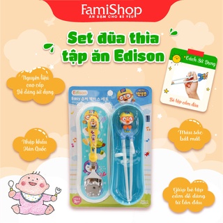 FamiShop Set tập ăn 2 món (thìa, đũa nhựa xỏ ngón) Edison - hình Pororo màu xanh có hộp