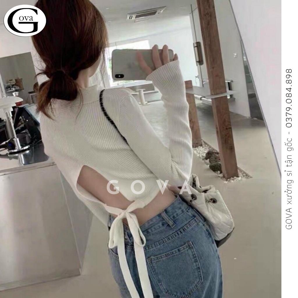 Áo Croptop cổ chữ V tay dài buộc nơ lưng Hot Trend Áo kiểu nữ ôm chất thun Cao Cấp gân mềm mát