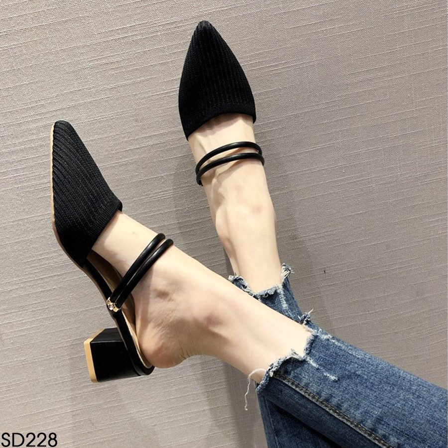 Giày Sandal Nữ Tg&amp;W Mũi Nhọn Đi Được 2 Kiểu Gót Vuông Cao 5P - Chất Da Mờ Phối Vải Sợi SD228/29