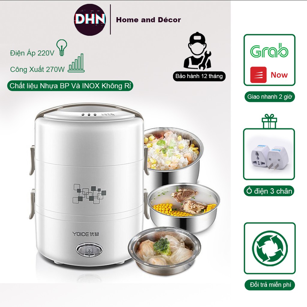 Cặp Lồng Hộp Cơm Điện Đa Năng Nấu Chín Và Giữ Nhiệt Đồ Ăn, 3 Ngăn Chất Liệu Inox Không Gỉ Thích Hợp Cho Dân Văn Phòng