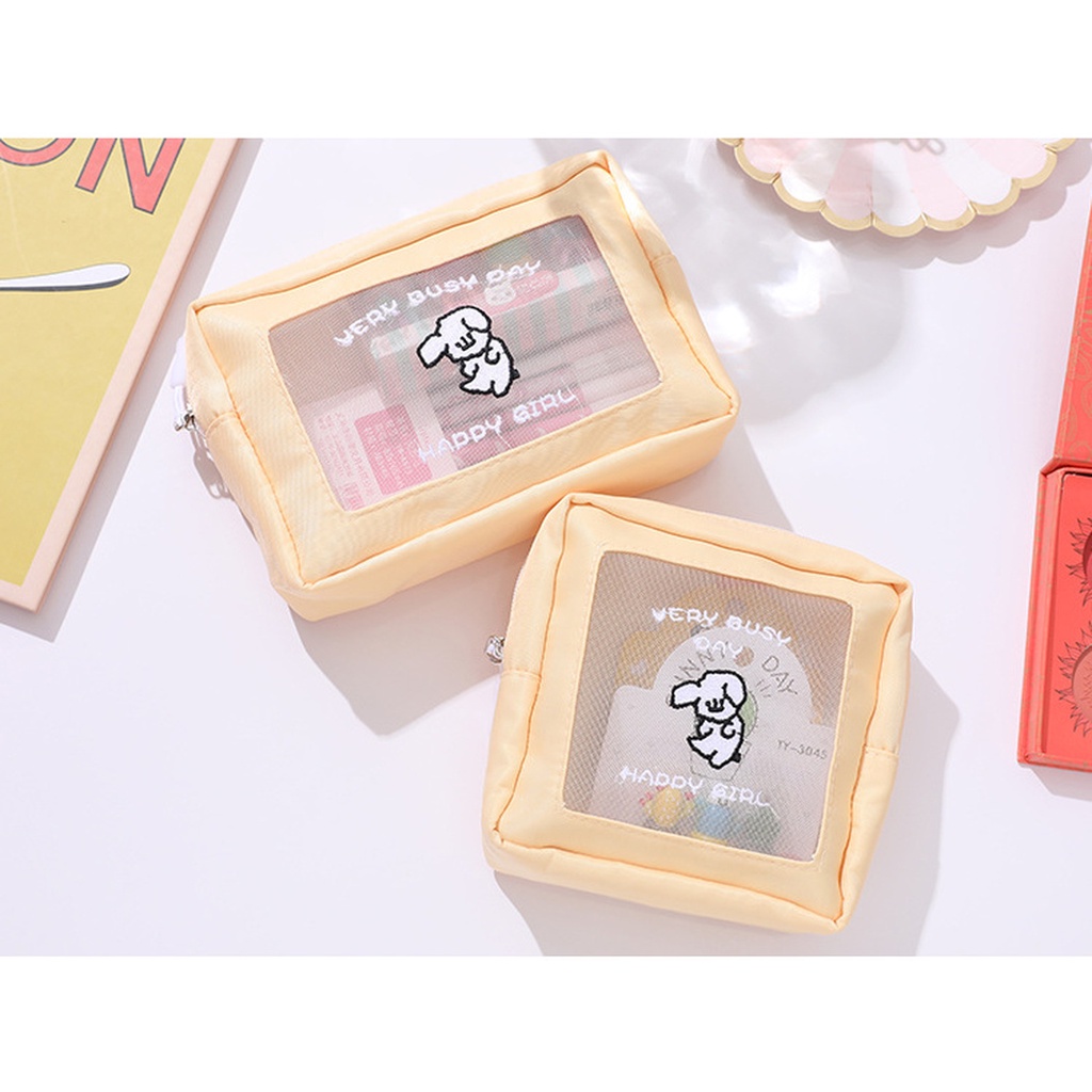 Túi Lưới Đựng Bút/Mỹ Phẩm Trong Suốt Họa Tiết Hoạt Hình Phong Cách Nhật Hàn Độc Đáo