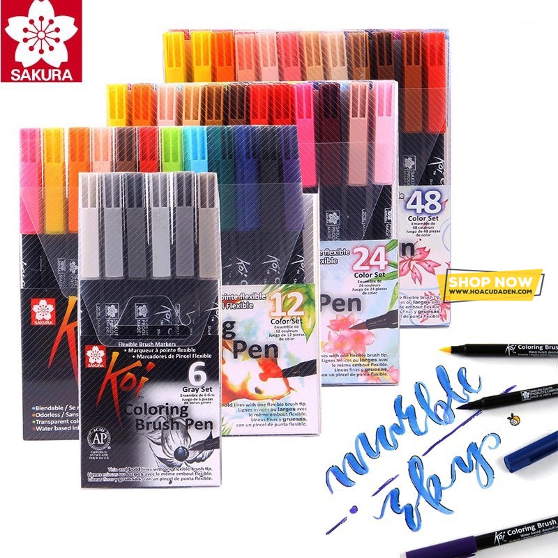 [DA ĐEN] [RẺ NHẤT] Bút Cọ Gốc Nước SAKURA Koi Brush Pens 12/24/48 màu