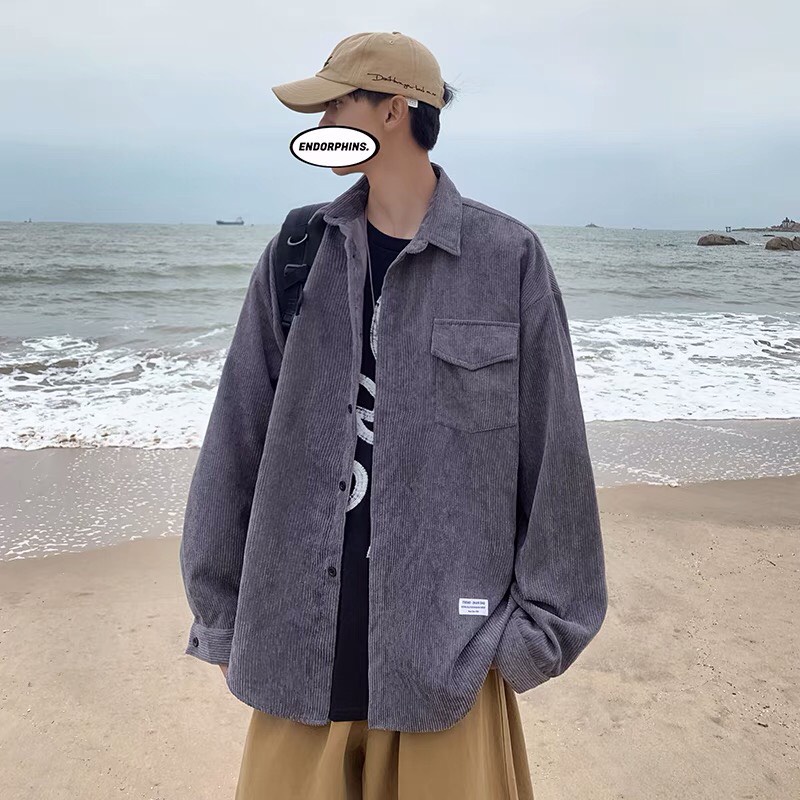 Áo Sơ Mi Nhung Tăm  Phối 1 Túi Nắp Logo Vintage Form Rộng Unisex Nam Nữ Phong Cách Hàn Trẻ Trung Ulzzang NUPAKACHI